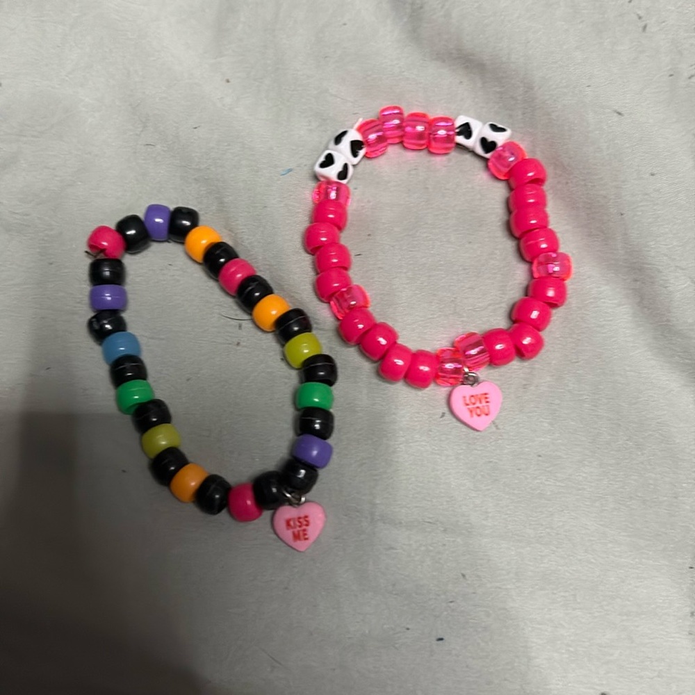 Pink valentines Kandi bracelets; handmade with heart charms